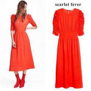 H&M Puff Sleeve Midi Dress Gathered Waist